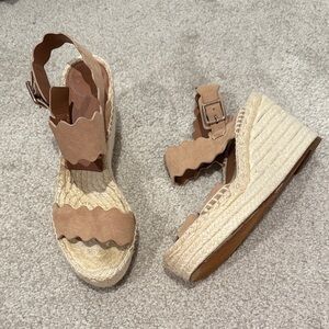Chloe Lauren blush suede scalloped espadrille wedges